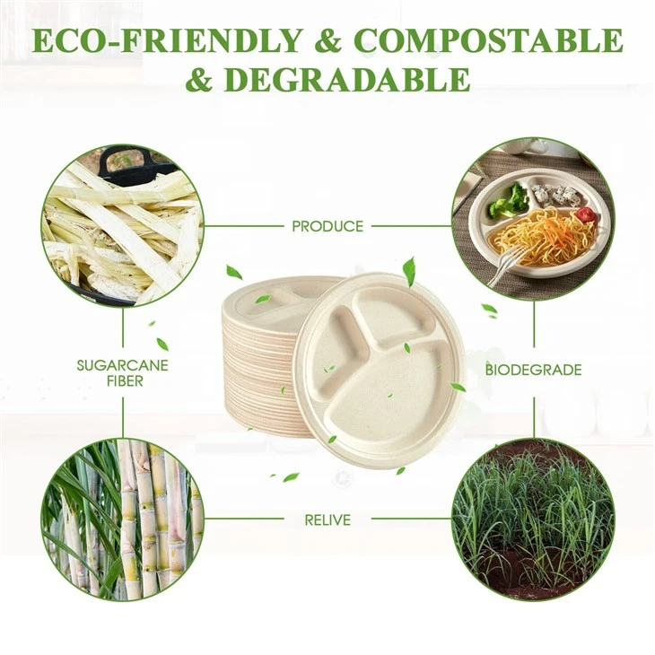 9-Inch 3-Compartment Round Plate - Eco-Friendly, Durable Tableware For Serving Main Dishes, Sides, And Desserts, Perfect For Catering, Restaurants, And Takeout Services
